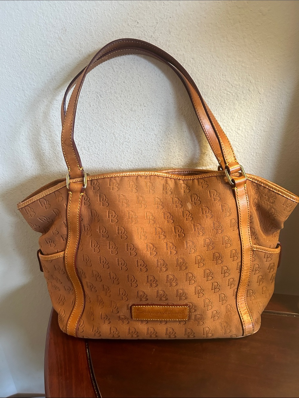 Dooney & Bourke Tan Shoulder Tote with Signature DB Pattern